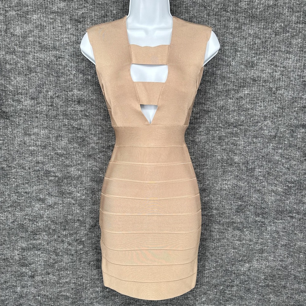 Herve Leger Dress Womens XXS Beige Cutout V Neck Bandage Bodycon Mini Party